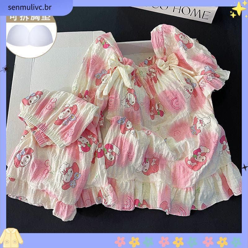 Estilo Pastoral pijamas feminino verão luz flutuante algodão com almofadas no peito doce manga curta 2025 novo estilo H