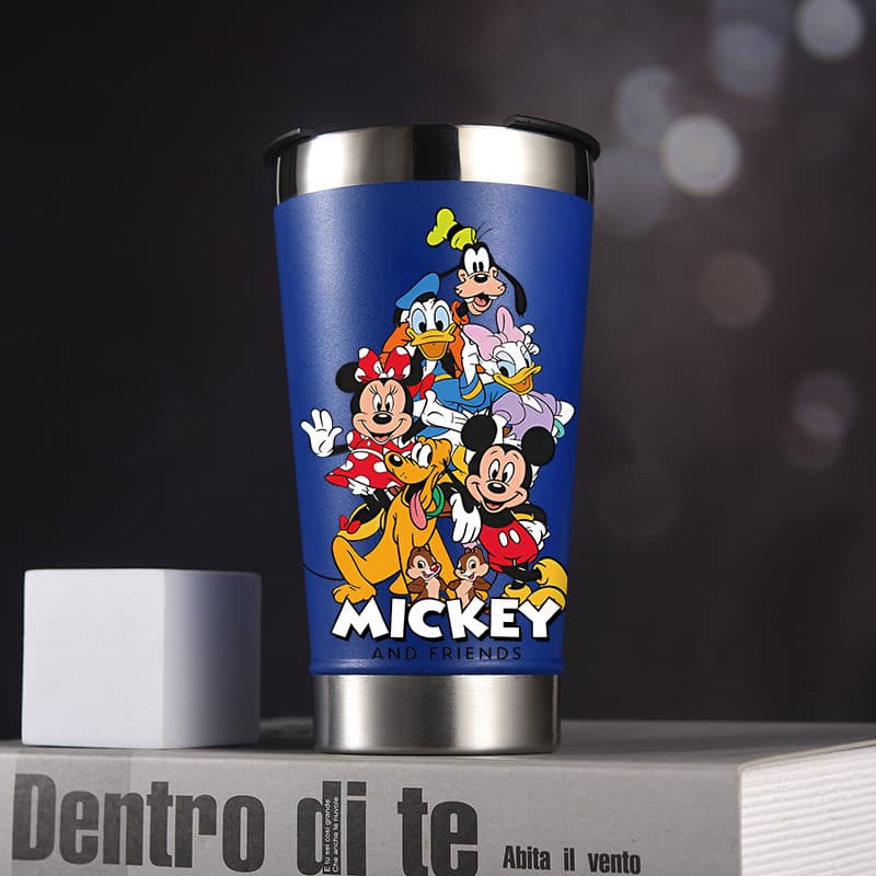 Copo termico turma do mickey com abridor de garrafa e copo tampa inox 473ml alta qualidade inquebrável