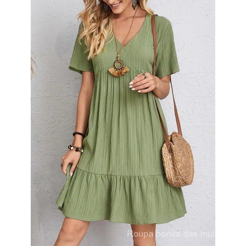 Elegant Solid V Neck A Line Dress 2024 New Summer Ruffles Loose Mini Dress Casual Short Sleeve Beach Party Vestidos Stre
