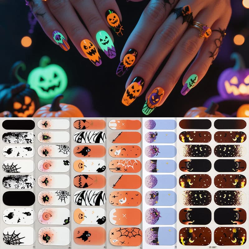 Estoque pronto Zhengxiang Novo Estilo Halloween Luminoso Unha Polonês Filme Manicure Adesivos Teia de Aranha Fantasma Sé