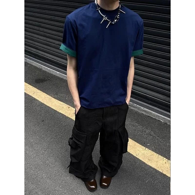 Americano Retro contraste cor Curling manga curta camiseta masculina verão street Wear High street cleanfit Design senti