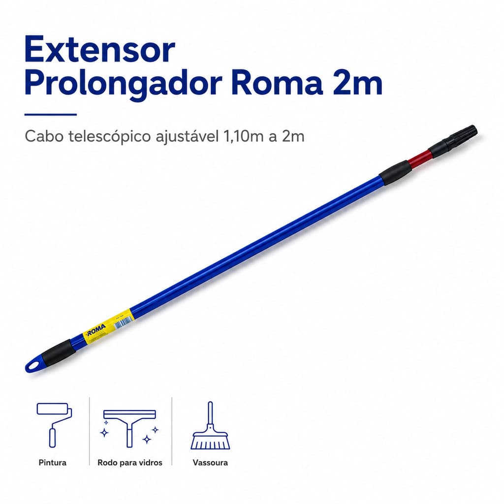 Cabo Prolongador Telescópico 2m Roma Extensor para Pintura Rolo Rodo Vassoura Limpeza Fachadas Adaptador Universal 2m