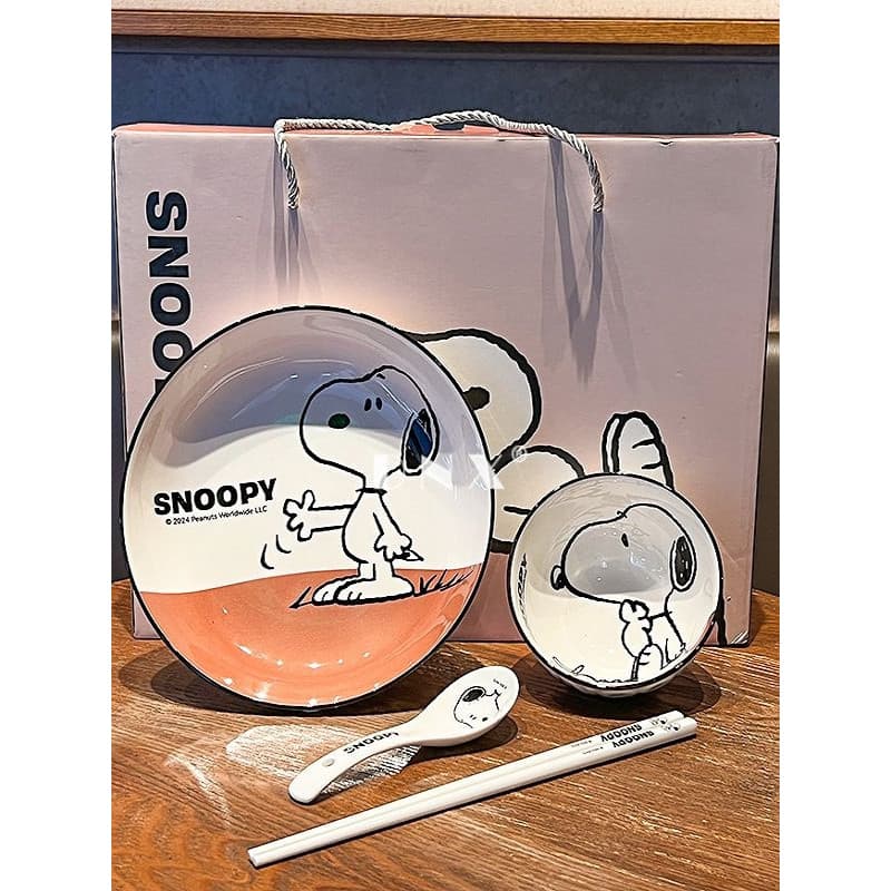 Snoopy bonito em relevo talheres tigela de cerâmica conjunto de placa casal caixa de presente de comida para duas pessoa