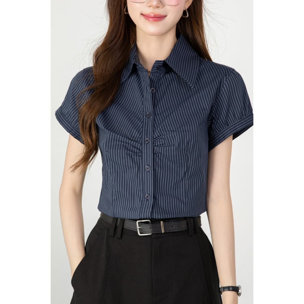 Americano listras verticais gola POLO camisa de manga curta feminina verão novo estilo Design nicho fino-ajuste mais mag
