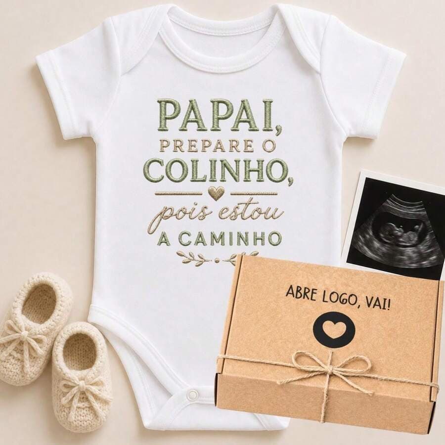 Espevitados Body revelação gravidez estampa efeito bordado Papai Colinho verde 2026-211-BC + CAIXA
