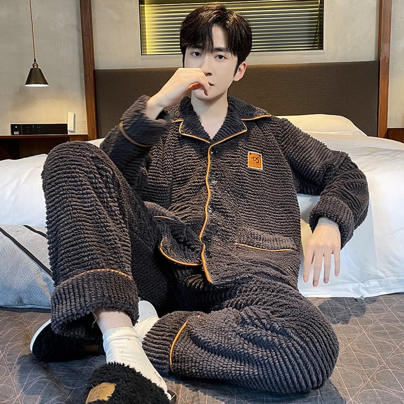 W inverno Coral velo pijamas masculino forro de lã engrossado flanela zíper masculino outono inverno Homewear pode usar