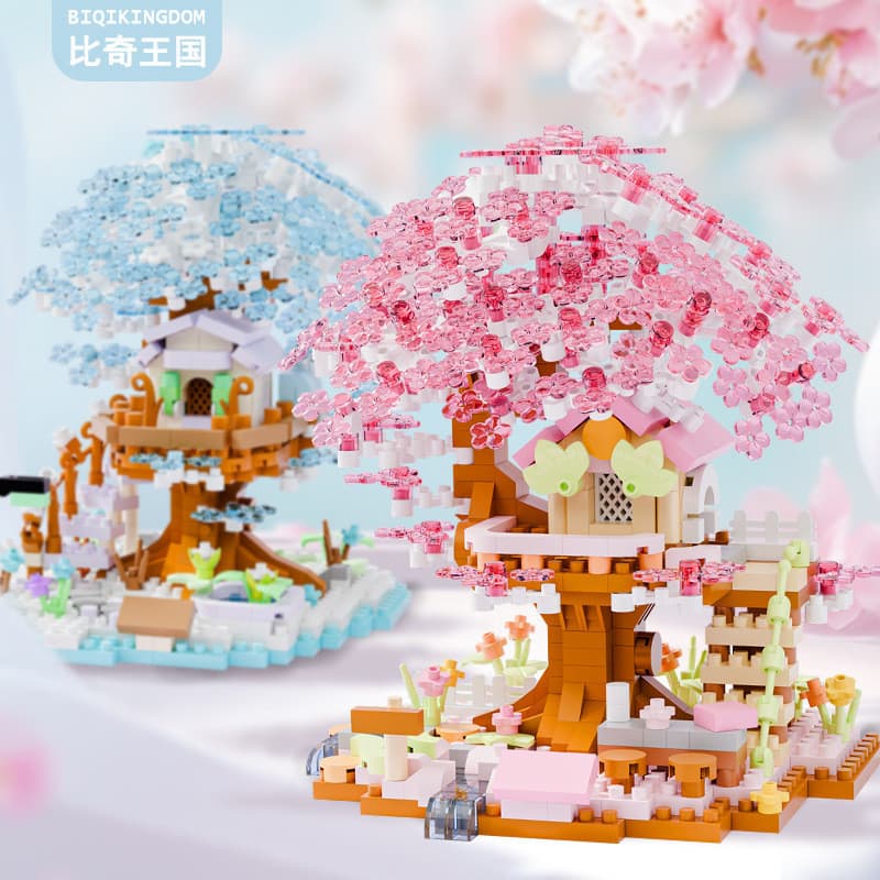 Novo produto⭐Quatro estações flor de cerejeira casa na árvore blocos de construção DIY montagem de partículas brinquedos