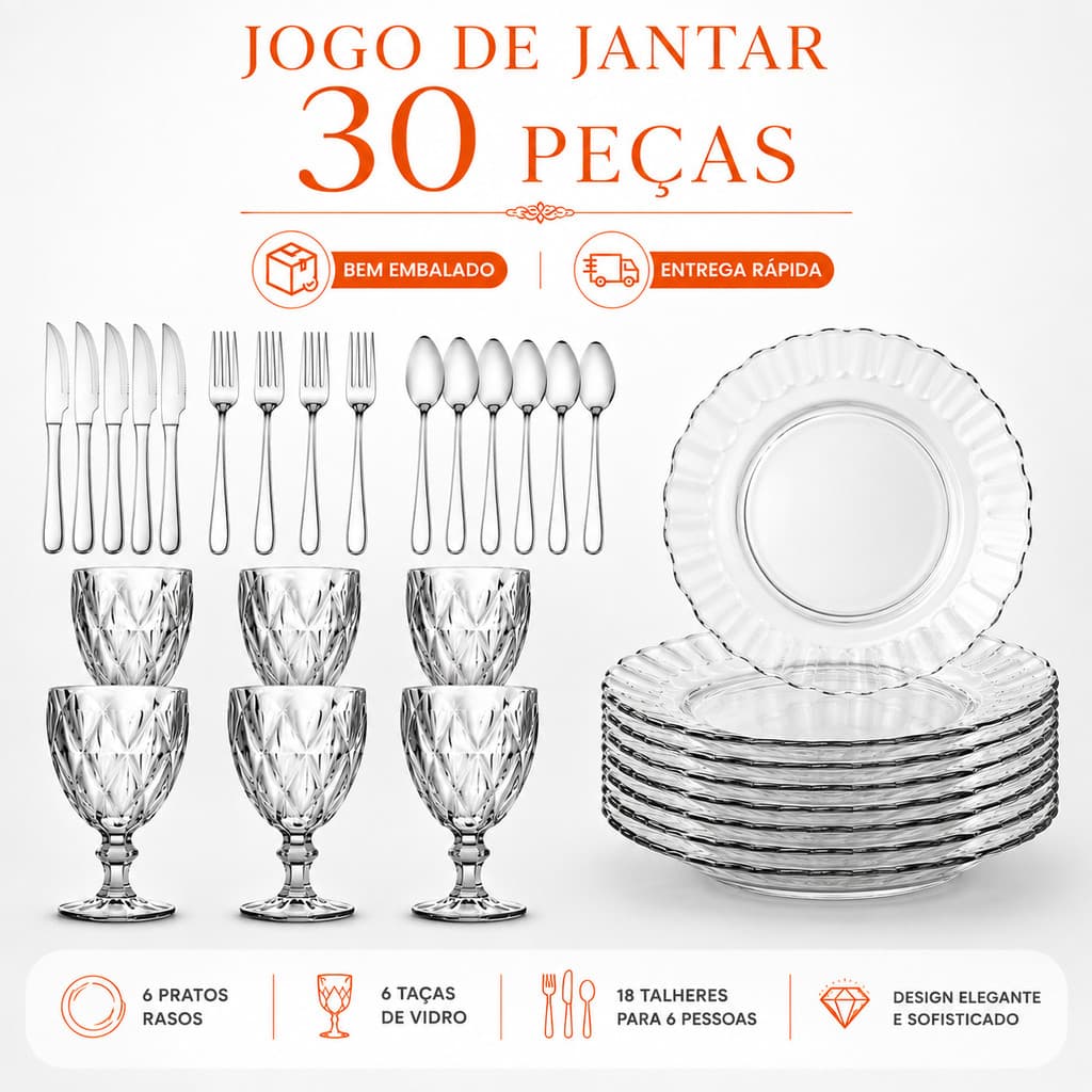 Jogo de Jantar 30 Peças - Pratos lisos , Taças Diamond e Talheres de aço Inox