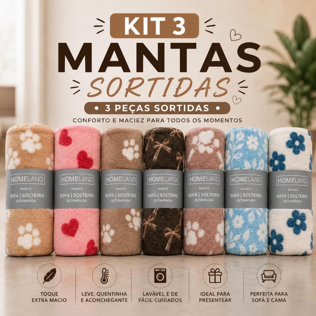 Kit 3 Mantas Sofá e Solteiro - Sortidas