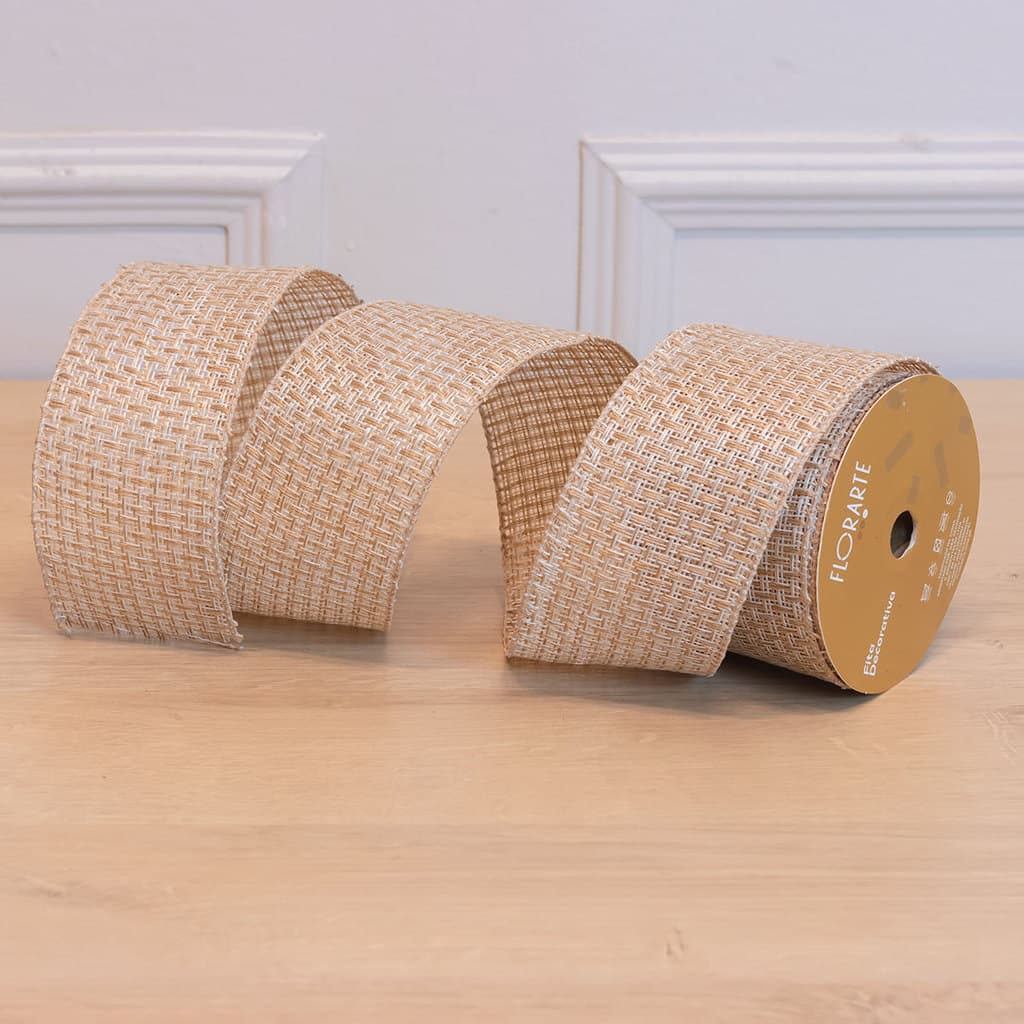 Fita Natalina Aramada Rústica Bege 6,3cm x 9,14m