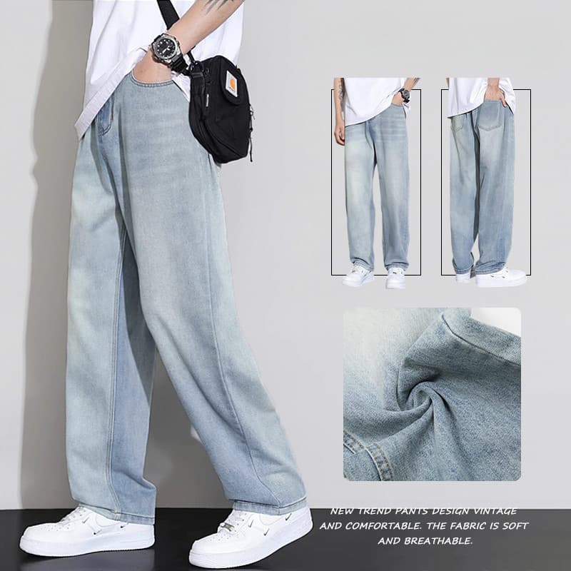 Calças masculinas calças de brim soltas calças de perna reta calças de brim soltas azul claro lavado jeans calças jeans