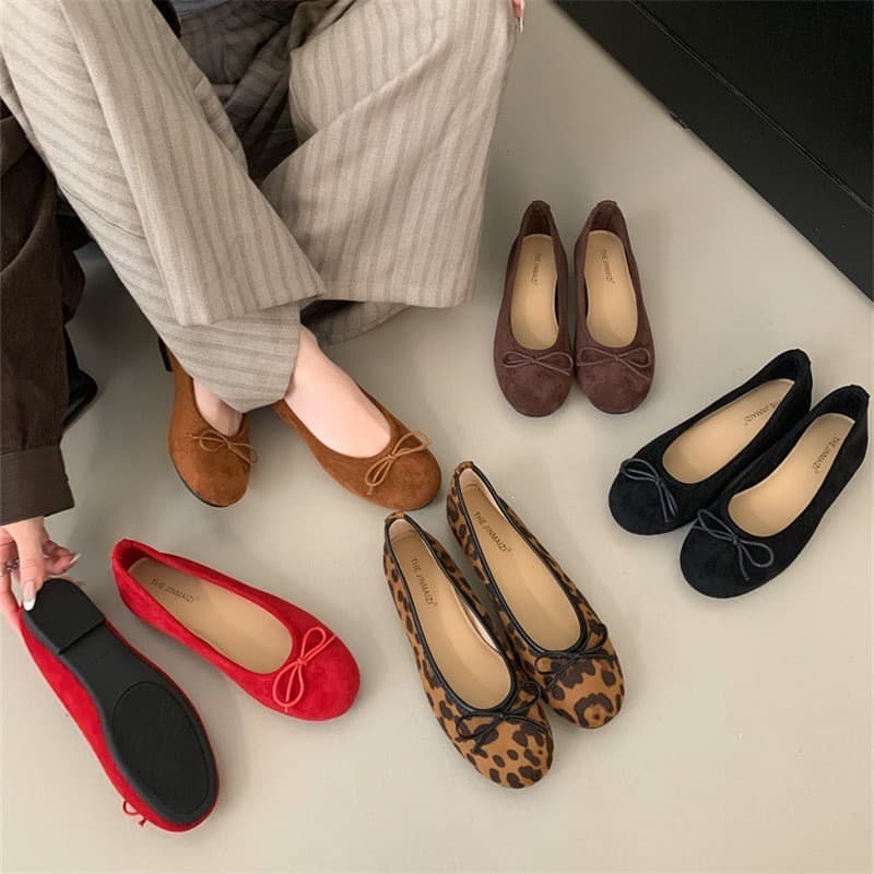 Francês suave sapatos planos dedo do pé redondo boca rasa sapatos de camurça Retro outono leopardo impressão colher sapa