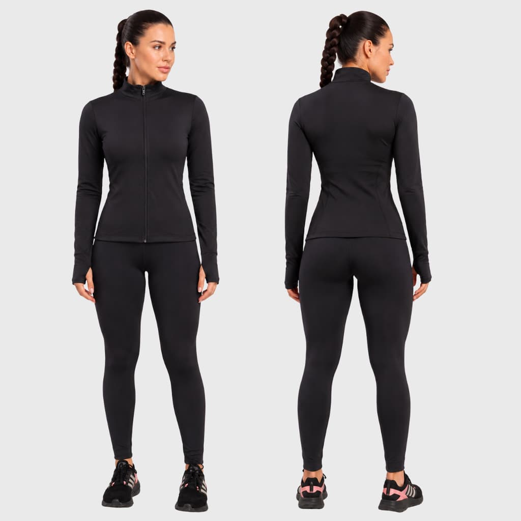 Conjunto Feminino Jaqueta Legging Poliamida UV50+ Cintura Alta Gola Alta com Dedeira Fitness Academia