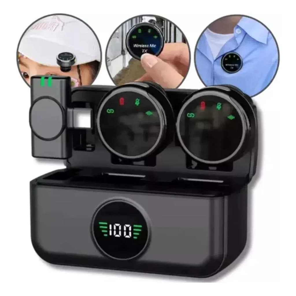 Microfone De Lapela Tipo-c Profissional 2 Em 1 Mk19 Sem Fio Preto