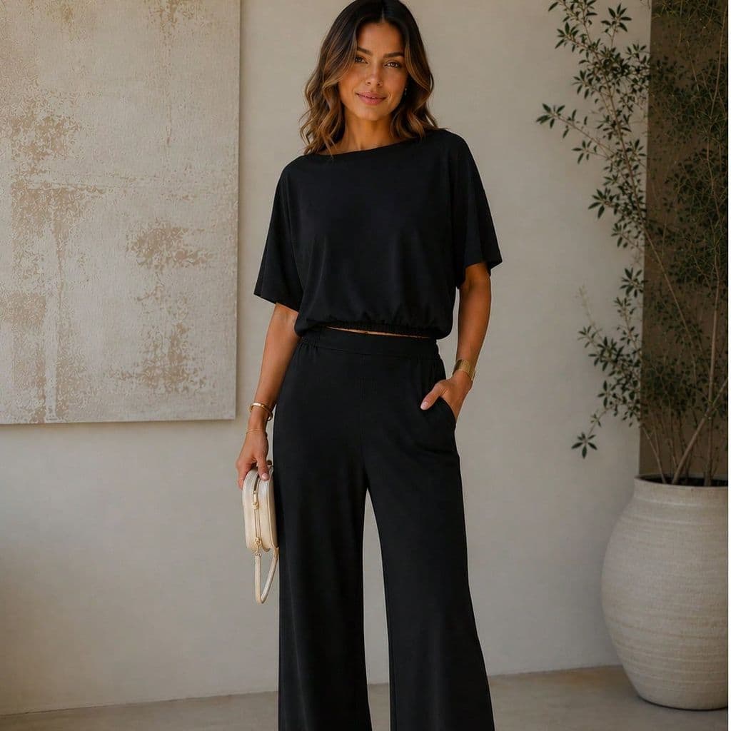 Conjunto Feminino Blusa Manga Curta e Calça Wide Leg Cintura Elástica com Bolsos