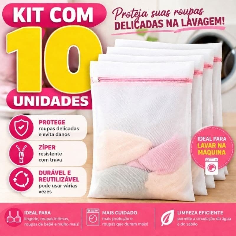 Kit 10 Sacos Para Lavar Roupa Delicada Na Máquina Com Zíper