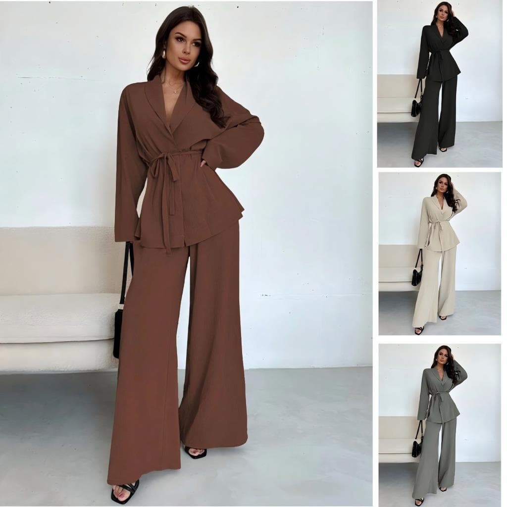 Senhoras terno moda elegante terno colarinho amarrado superior calças de perna larga conjunto de duas peças enviado dent