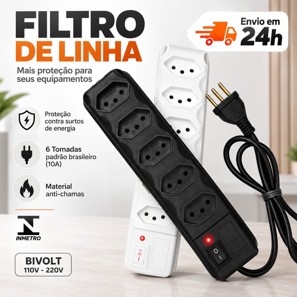 Filtro De Linha Régua De Tomadas Com Fusível Tripolar 10 Amperes – 3 e 6 Tomadas