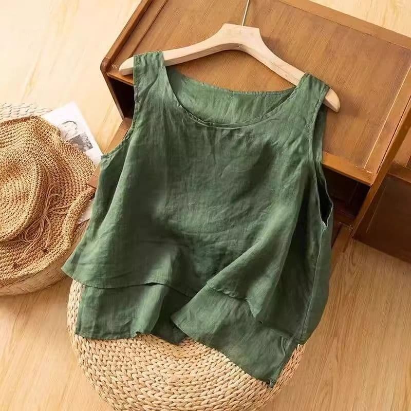 Camisola de linho de algodão verde feminina verão novo estilo solto Casual sem mangas topo Retro simples