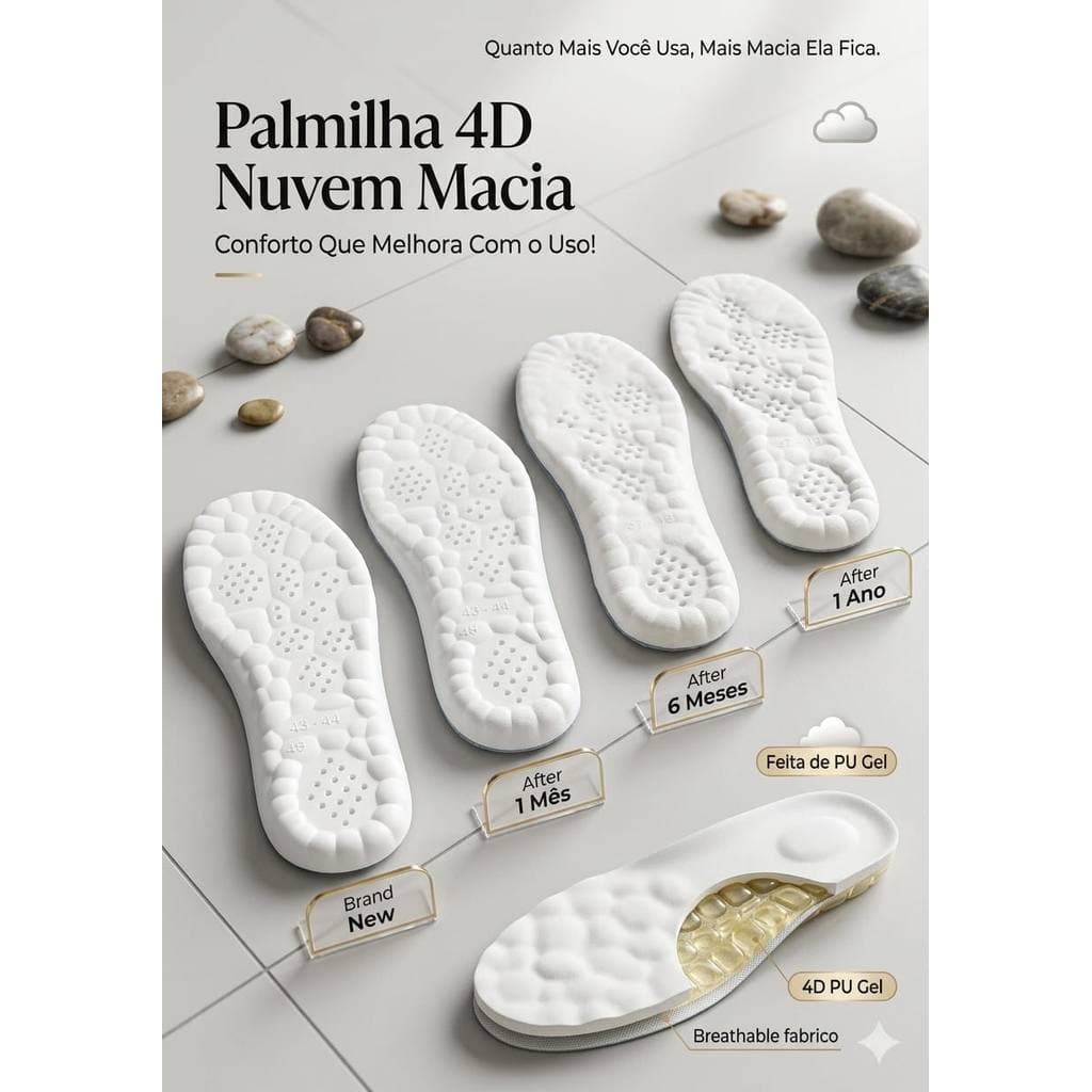 Palmilha Ortopédica 4D Gel Macia Suporte de Arco Anti-Odor Para Corrida Caminhada,branca