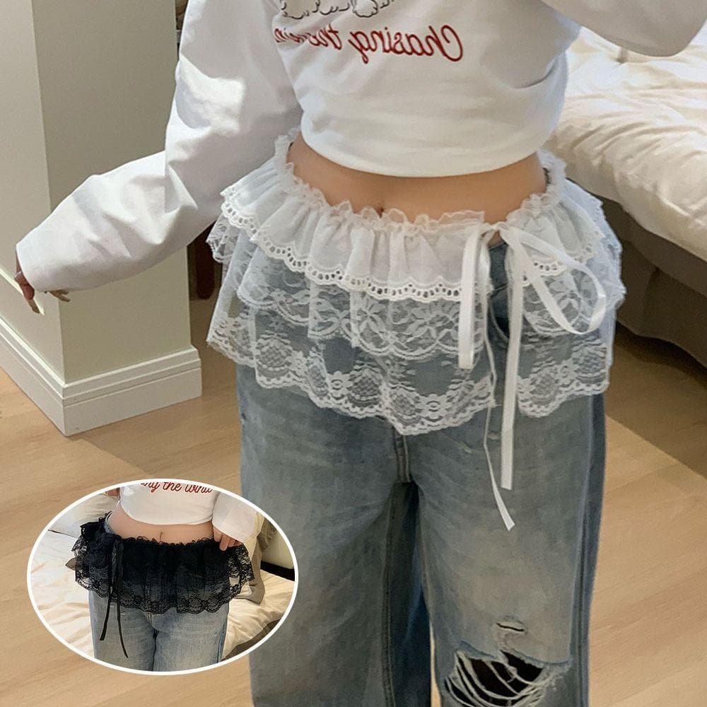 Saia De Gaze Em Camadas De Renda , Cortina De Peido Fungo Plissada Y2k Streetwear Com Cadarço , Mini Flor