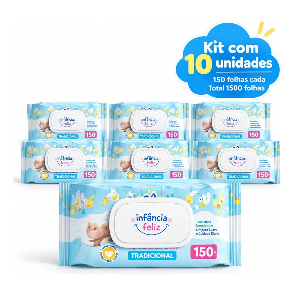 Kit 10 Lenços Umedecidos Infância Feliz 150 Folhas Com Tampa