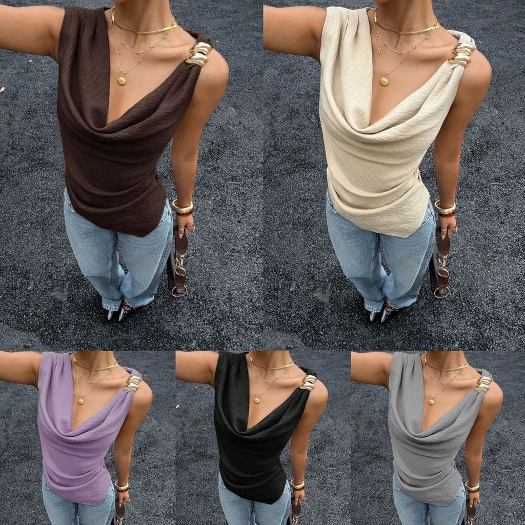 Novo colete feminino de verão com decote franzido e detalhes metálicos, camisa sem mangas.