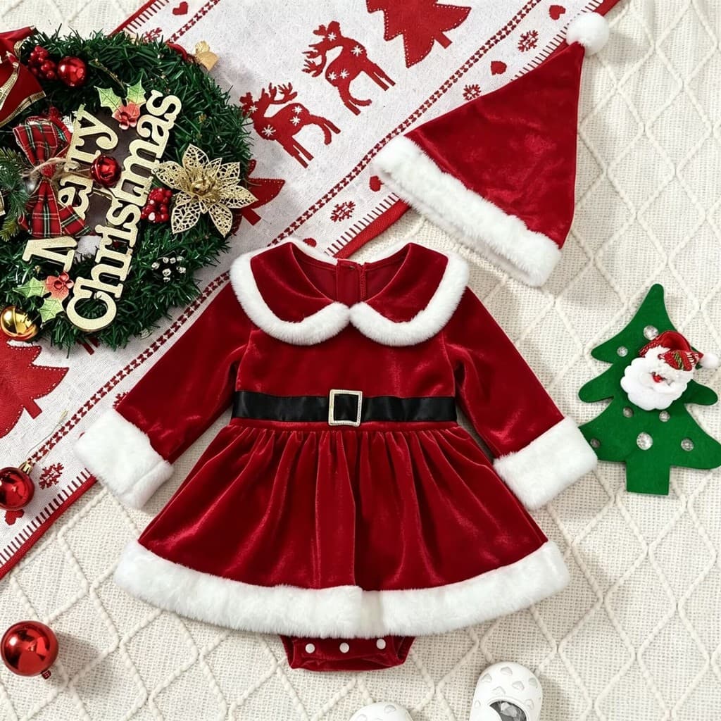 Bebê bebê traje de natal bebê menina vestido de veludo recém-nascido vestido de natal macacão vestido com chapéu de nata