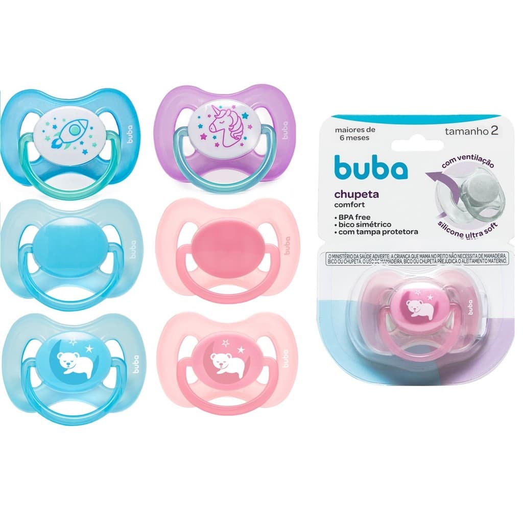 Chupeta Buba Comfort Silicone Tamanho 1 e 2 Com Ventilação