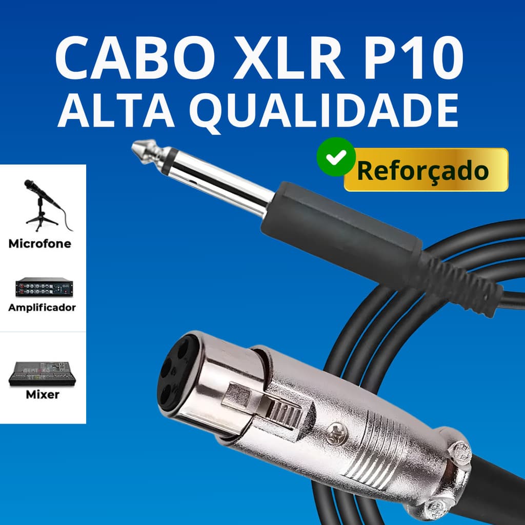 Cabo XLR P10 Profissional 2 Metros Alta Qualidade Som Profissional P/ Microfone Amplificador e Mixer