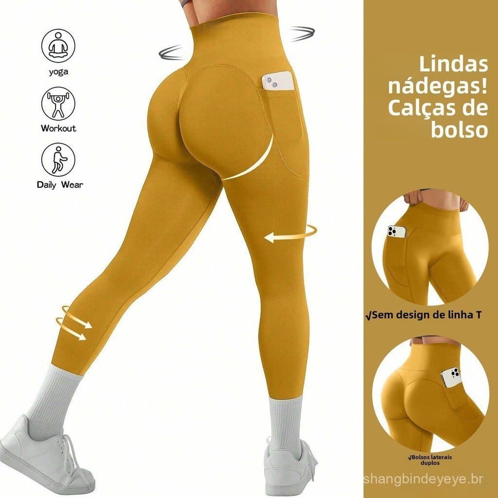 Calças de ioga com bolso lateral duplo sem costura/Leggings modeladores de quadril de cintura alta/