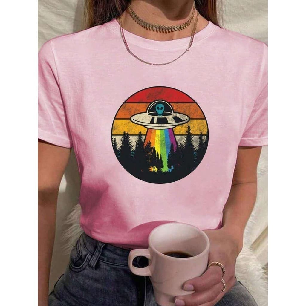 Camiseta Feminina Casual Blusa 100% Algodão Colorido LGBT Nave Espacial Natureza Malha Premium Confortevel