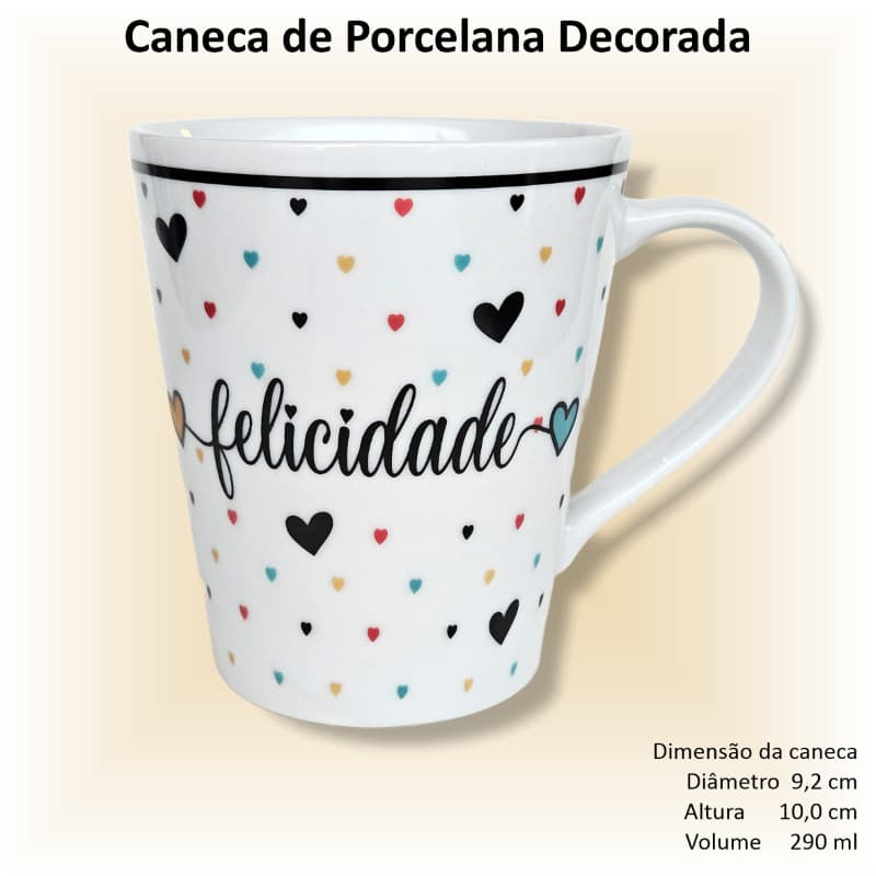 Caneca de porcelana branca, cônica, decorada, 290 ml, xícara, café, chá, Coleção GRATIDÃO - 1 caneca