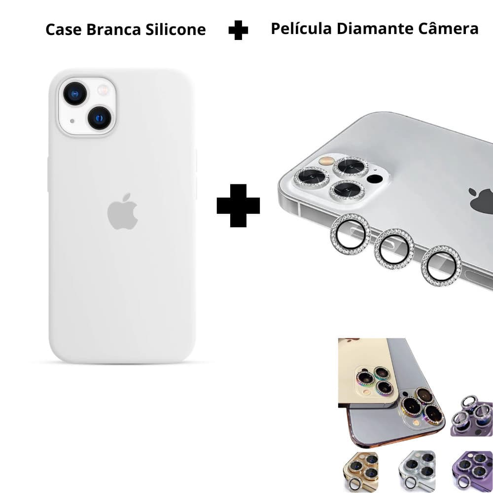 Kit Capa Silicone Branca Aveludada + Lente Câmera Diamante Compatível iPhone 11 12 13 14 15 Premium candy
