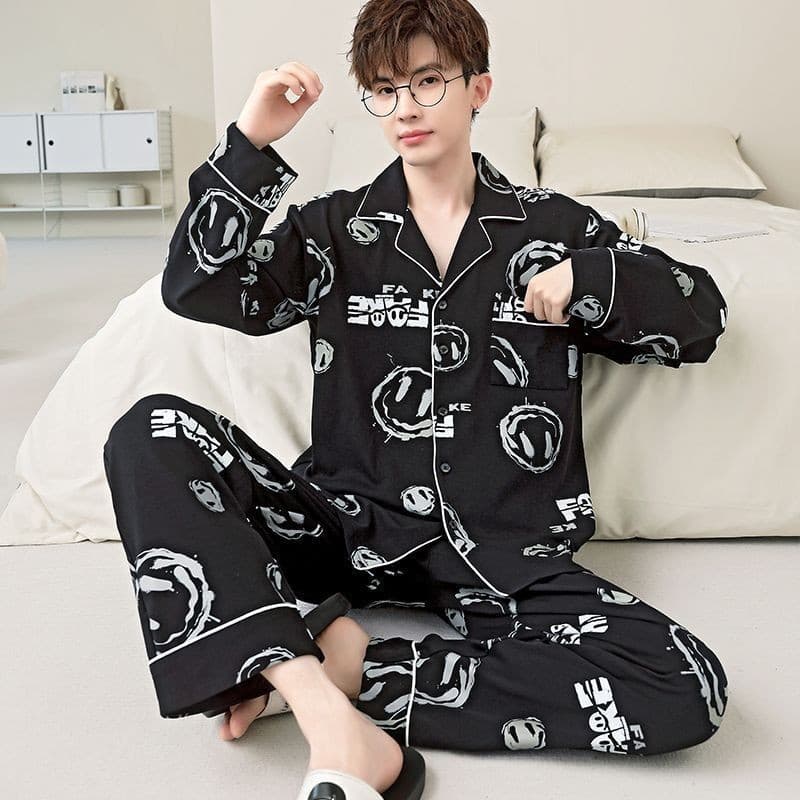 Pijamas masculinos de algodão primavera outono manga comprida fino Extra grande tamanho meia-idade juventude Cardigan Lo
