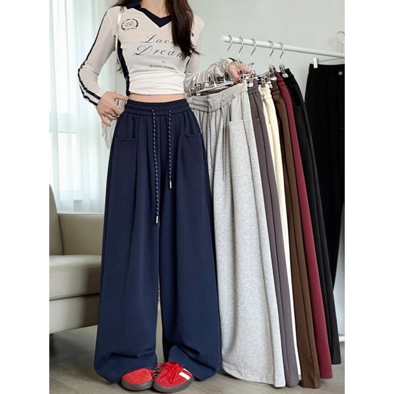 Cordão cintura alta calças de perna larga Drape calças de chão feminino primavera outono novo estilo elegante All-Match