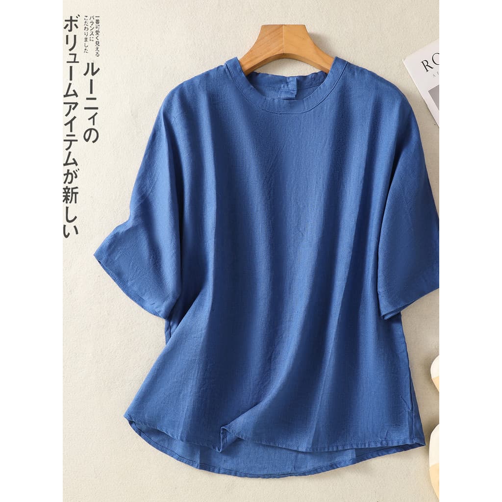 Camisa feminina de manga curta solta de linho fino Top de linho de algodão