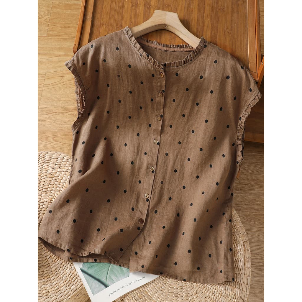 Late Qinghe ~ Mori Estilo Retro Polka Dot Linho Camisa Feminina Gola de Renda Elegante Manga Pequena Algodão Linho Camis