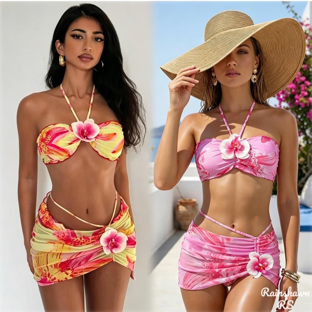 RS|Moda Praia Novo Maiô de Três Peças Biquíni Saia de Praia Maiô Biquini Cintura Alta Flores Maio Feminino Praia Vestido
