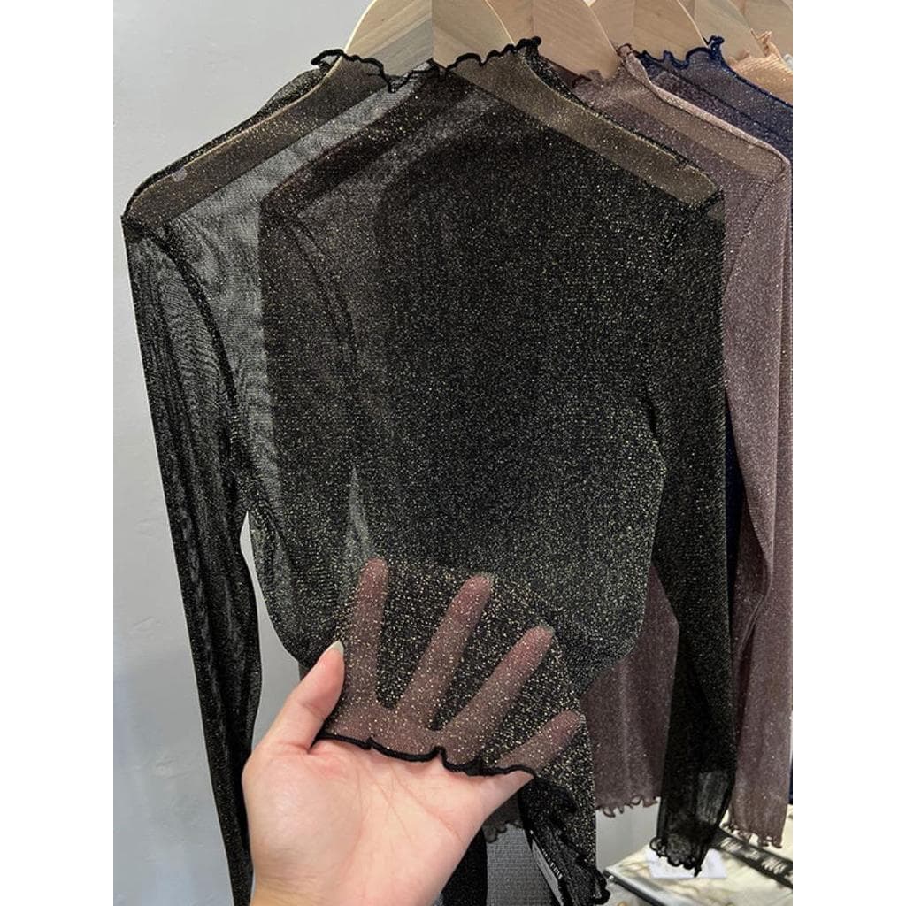 Camisa de fundo de gaze preta roupa interior feminina gaze estilo ocidental seda brilhante meia gola alta tule alta elás