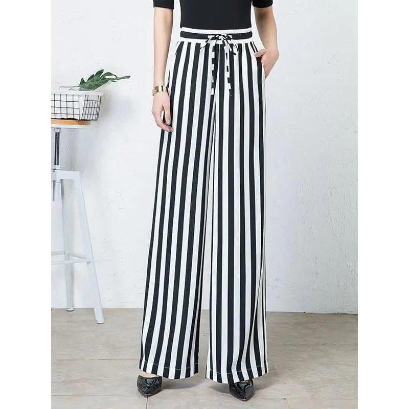 Calças femininas preto branco listras verticais calças de perna larga 2025 verão novo estilo Chiffon Drape calças casuai