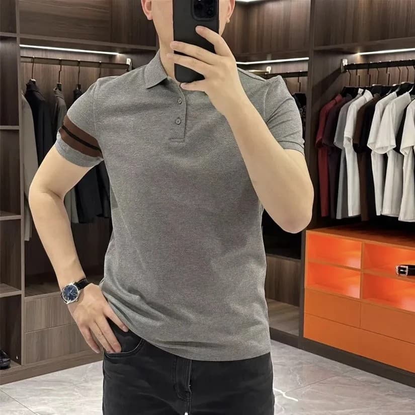 Europeu bens europeus Street Wear camisa polo masculina de manga curta verão fino-ajuste lapela camiseta topo negócios C