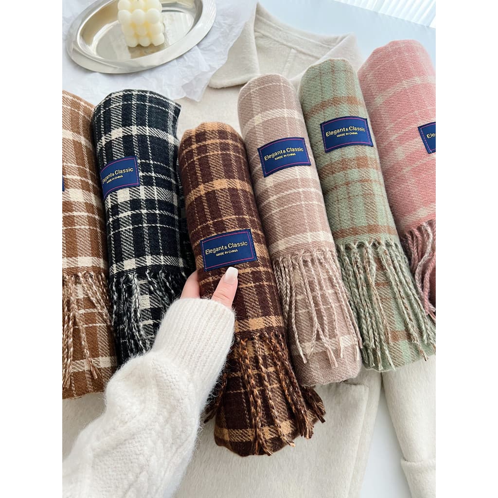 Versão coreana novo estilo borla xadrez cachecol feminino outono inverno High-End sentimento estilo coreano redução de i