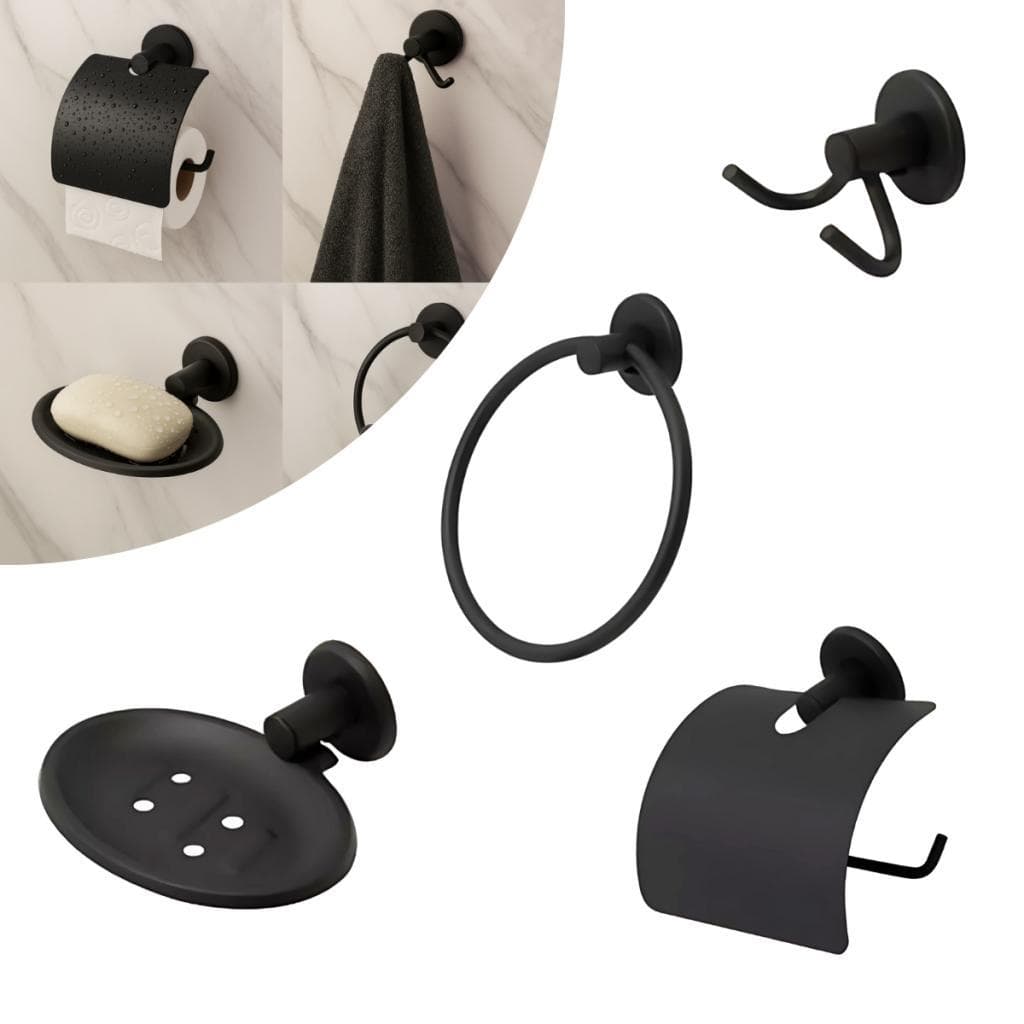 Kit Acessórios Para Banheiro 04 Peças Black Matte Preto Fosco Fixação Dupla e Pintura Eletrostática