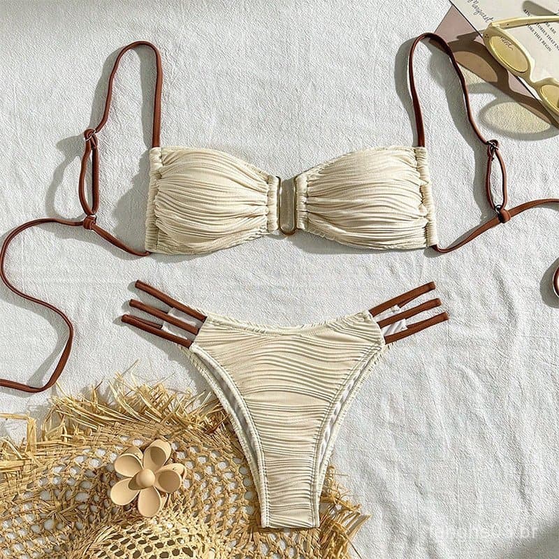 Novo biquíni feminino com blocos de cor e amarração, conjunto de três peças para praia e banheiras termais LILL