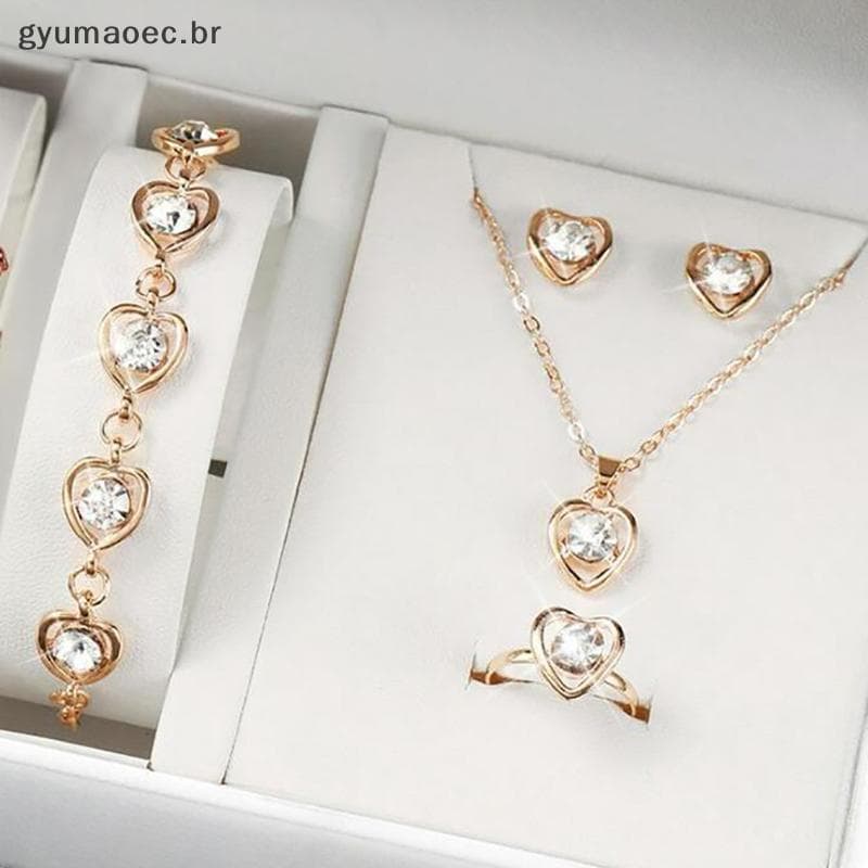 [GYU] Conjuntos De Joias Luxuosas Em Formato De Coração , 5 Peças De Brincos De Anel Nelace , Pulseira Para Mulheres , A