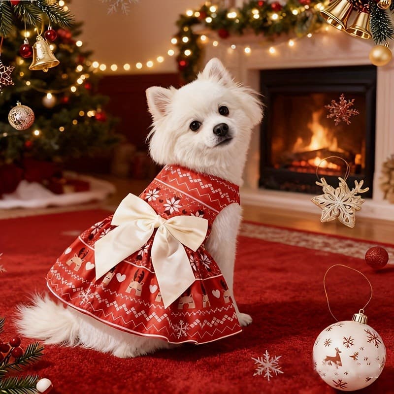 Vestido De Cachorro De Natal Com Vários Padrões-Apresenta Um Laço Grande Nas Costas , Design Elegante | Papai Noel , Flo