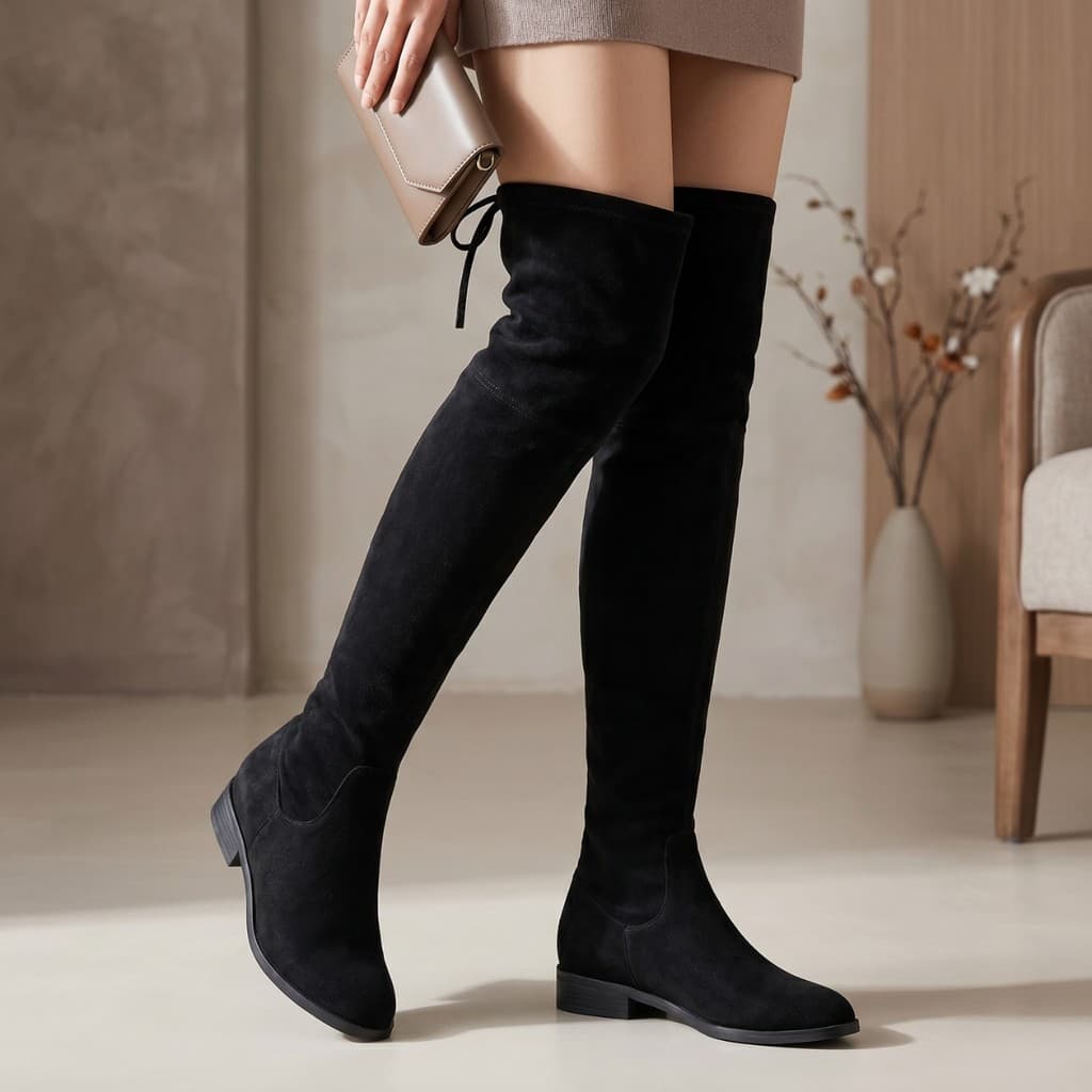 Bota Feminina Montaria Cano Alto Camurça Elegante Stretch Confortável Para Inverno