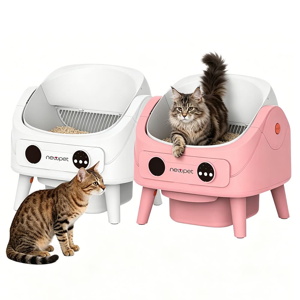 Caixa de areia aberta com botão Newpet caixa de areia para gato Autolimpeza para Multiplos Gatos-Rosa/Branco