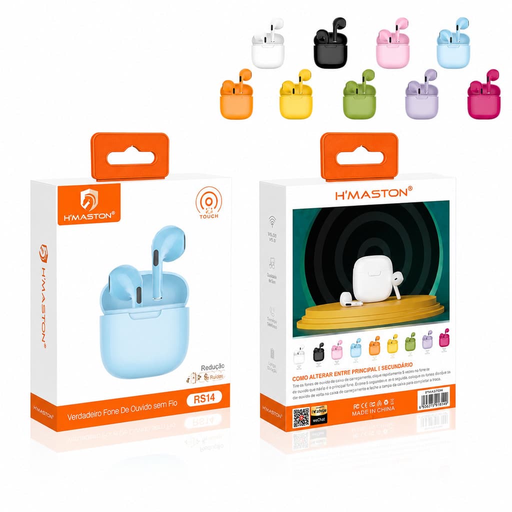 Fone Bluetooth Hmaston RS14 Sem Fio In-Ear 5.3 Graves Fortes Com Microfone e Estojo